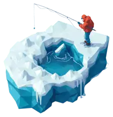 Рыбак на льду с зимней удочкой